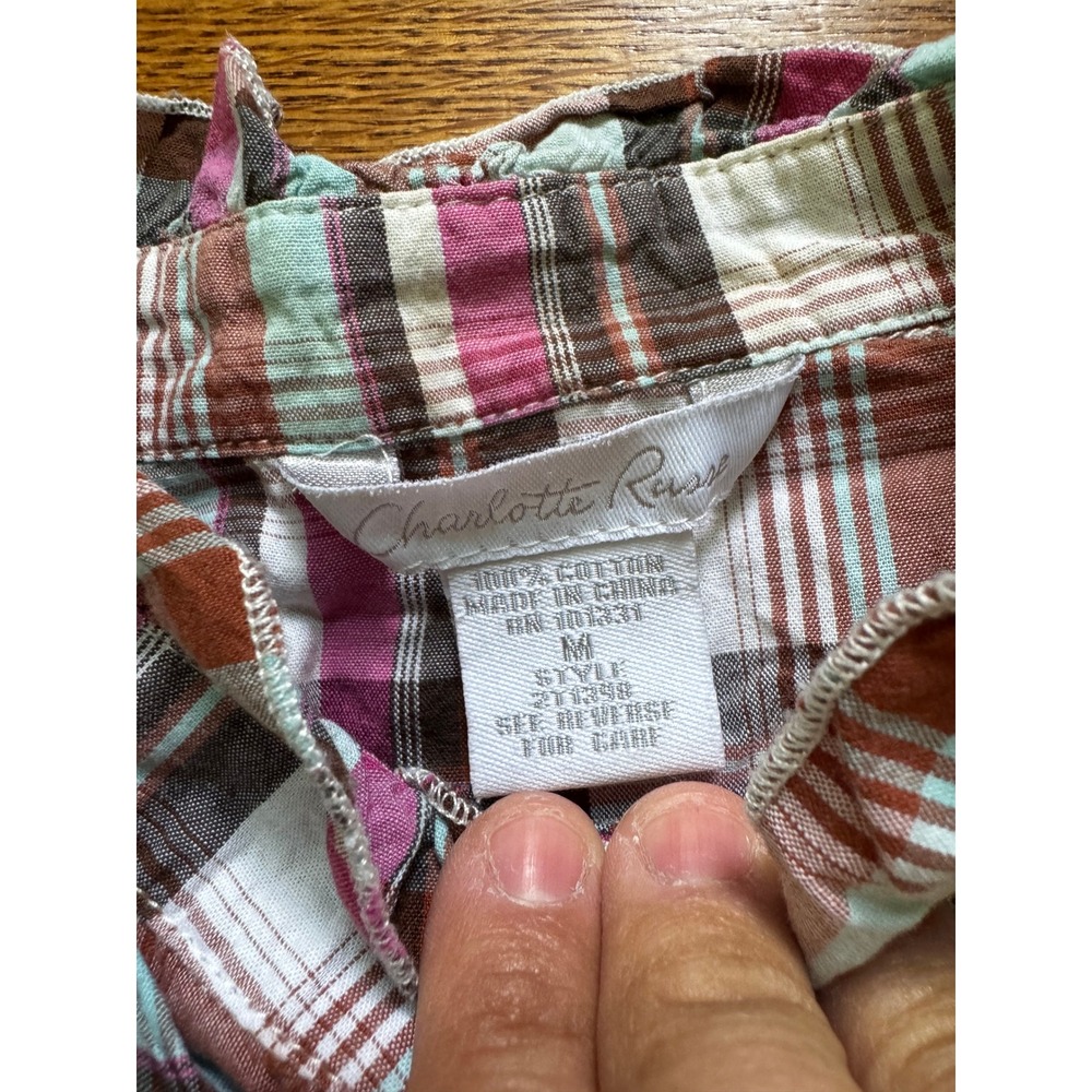 Charlotte Russe Plaid Ruffle Front Button Down Short Sleeve Top Pink Teal Size M - Picture 5 of 7